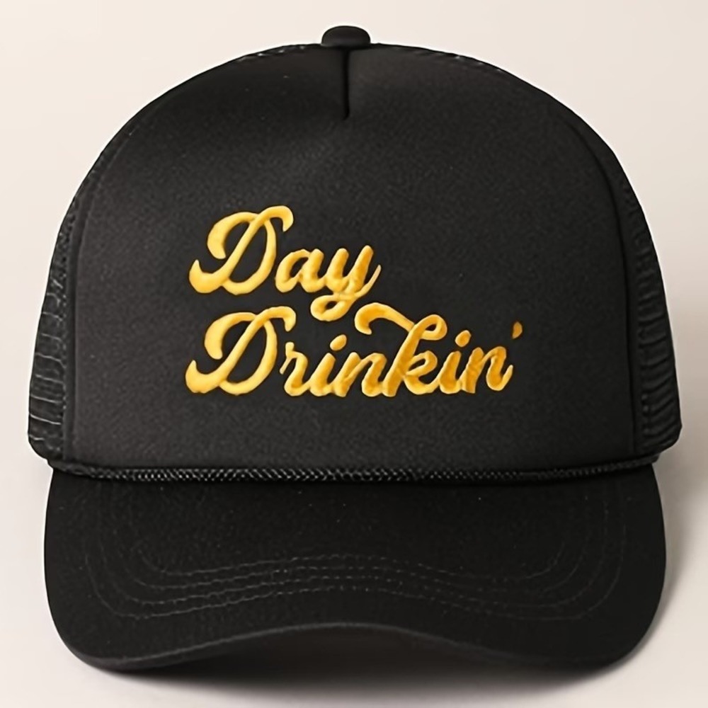 Black Mesh Trucker Hat Yellow Day Drinkin' Embroidered Adjustable Cap